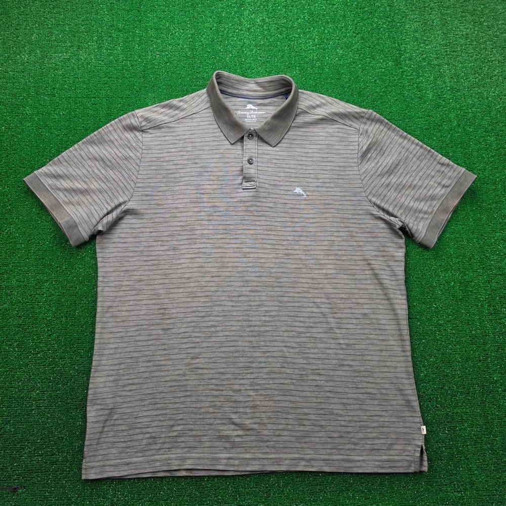 Tommy Bahama Striped Knit Performance Polo Shirt Mens XL Gray Short Sleeve